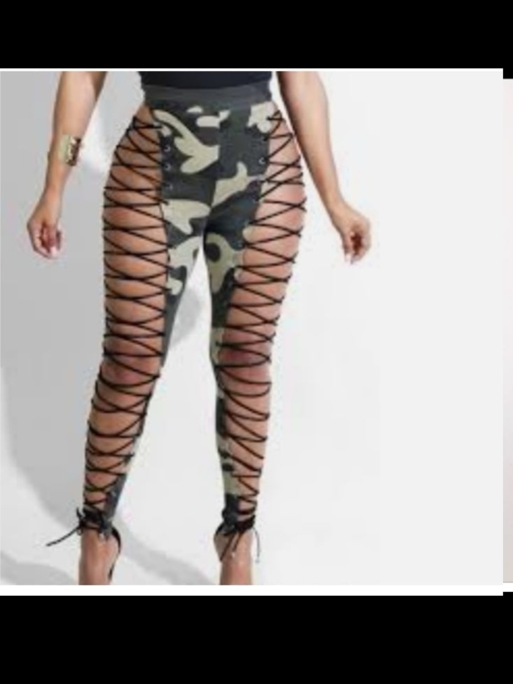 Fashion Nova Camo Lace-Up Skinny Leggings - Green & Black